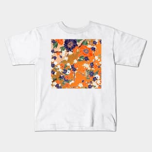 ORANGE BLUE WHITE SPRING FLOWERS IN GOLD YELLOW Antique Japanese Floral Kids T-Shirt